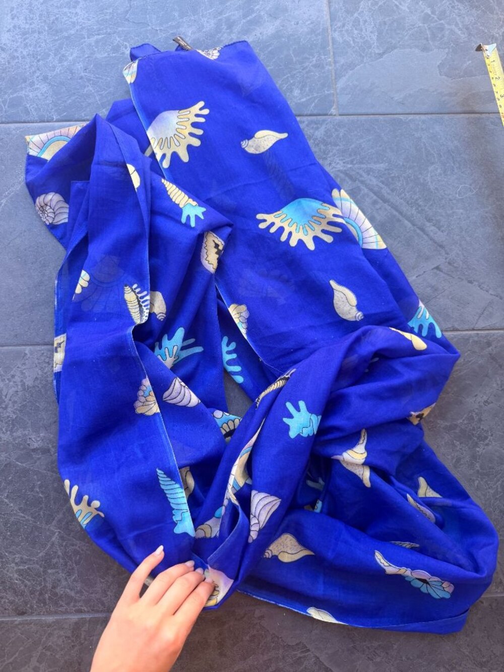 SILK blue large shawl scarf wrap seashell ocean coastal resortwear lounge Zara